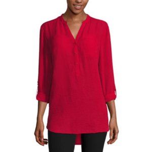 Worthington Red Textured Semi-Sheer Tunic with Front Pocket and Long Sleeves